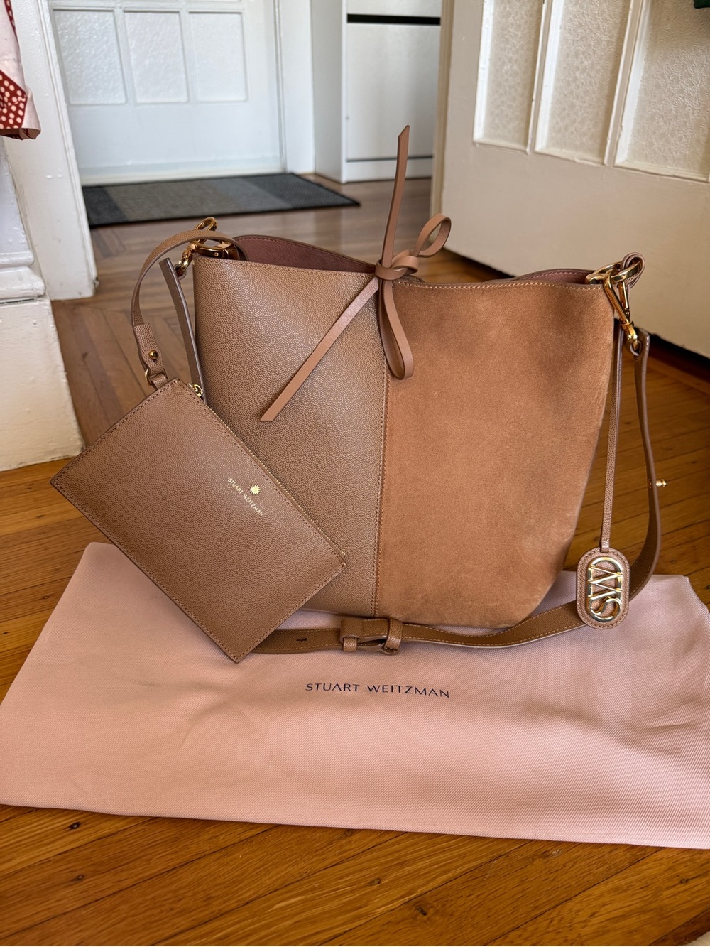 Stuart Weitzman Two-Tone Brown Leather & Suede Shoulder Bag with Coin Pouch